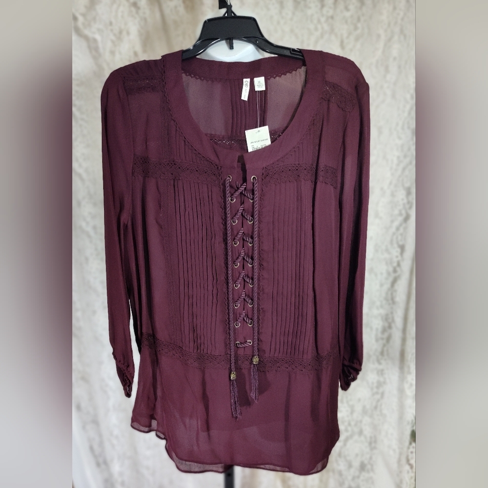 Cato Women's Wine Burgundy Lace-Up Blouse With Coordinated Tank Top